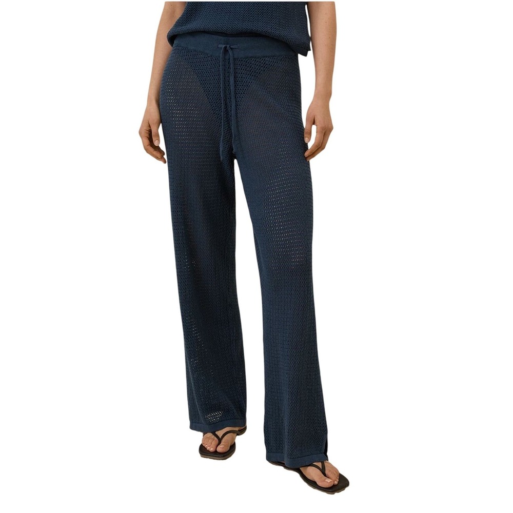 Pact Beachside Linen Organic Cotton Crochet Cover-Up Wide Leg Pants Navy Large